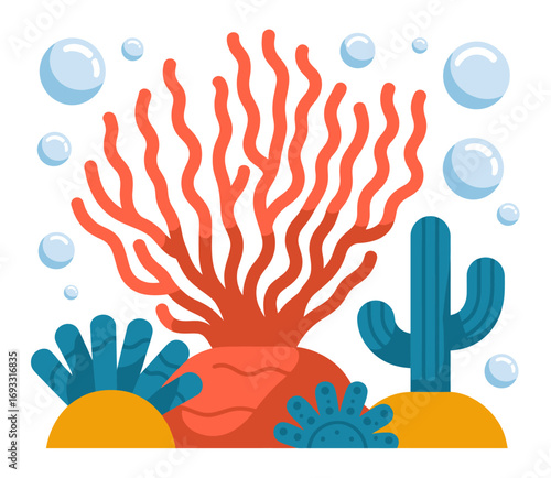This compelling design showcases a colorful coral and cactus arrangement with dynamic bubbles, capturing the essence of a vibrant underwater realm bursting with energy.