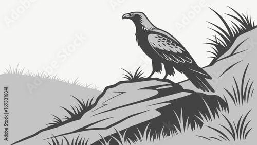 Stylized illustration of a bird of prey perched on a rock in a grassy landscape.