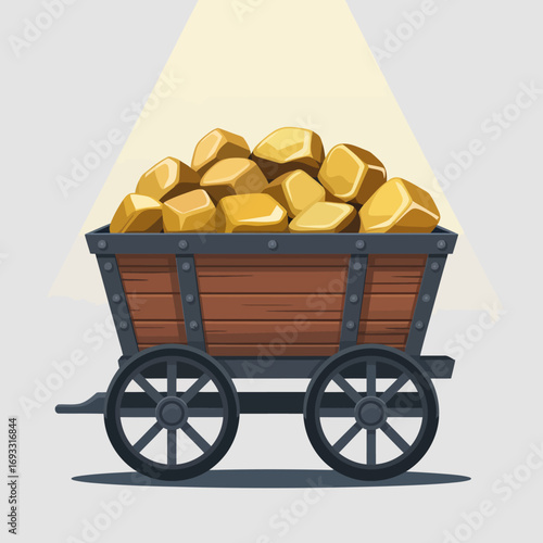 A beautifully rendered mining cart filled with shining golden nuggets, set against soft lighting to accentuate the richness and allure of the gold, symbolizing wealth and success.
