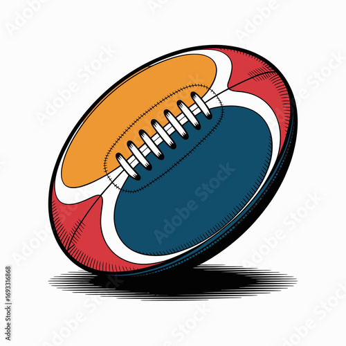 This dynamic rugby ball features a vibrant color scheme with orange, blue, and red sections, visually representing the excitement of sports and teamwork.