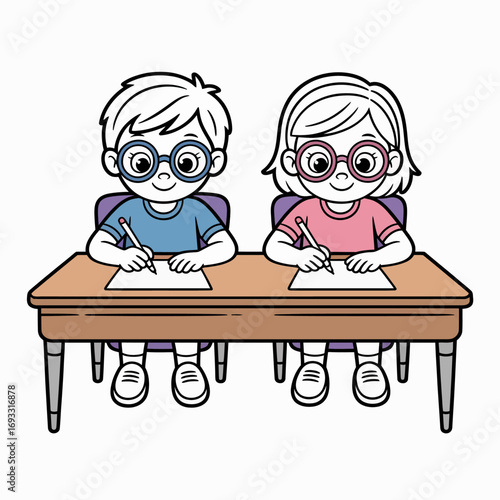 A vibrant illustration features two children concentrating on their notebooks at a study table, illustrating focus, interaction, and the joy of learning.