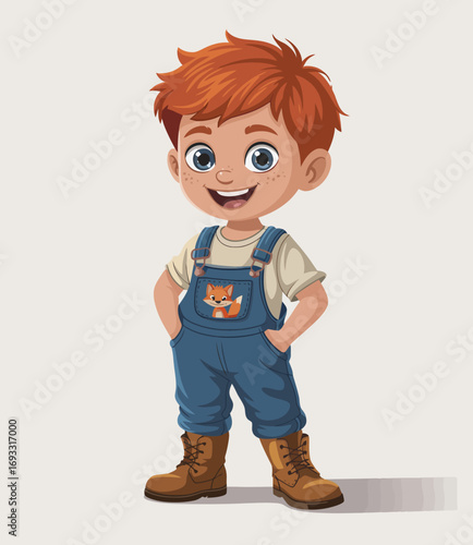 A cheerful young boy with red hair and freckles, wearing overalls and boots, stands confidently with his hands on his hips, exuding joy and innocence in this colorful illustration.