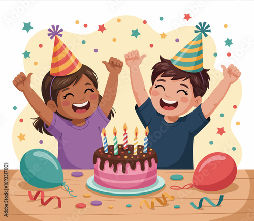 Two cheerful kids with party hats celebrate their birthday beside a colorful cake adorned with candles, filled with joy and excitement in a festive atmosphere of fun.