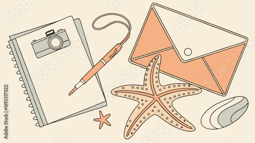Summer Vacation Stationery and Seashells Illustration Notebook Camera Envelope Pen Starfish Pebble.
