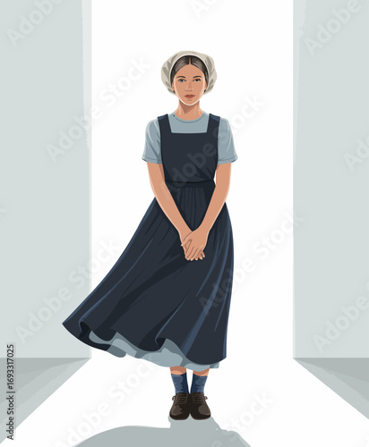 A young girl standing gracefully in traditional clothing, adorned with a headscarf, symbolizing cultural heritage and innocence in a minimalistic, soft backdrop.