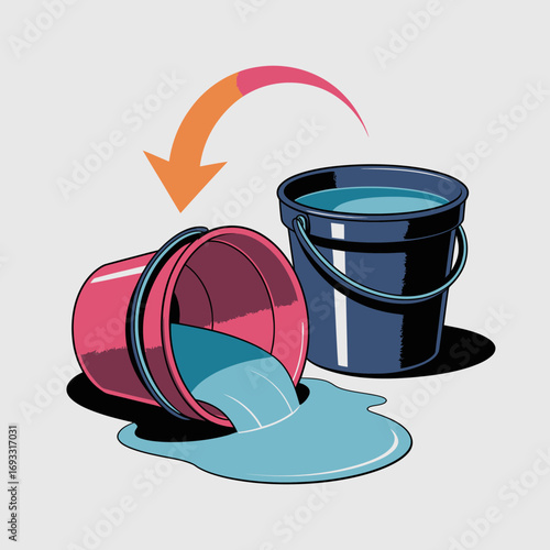 An artistic representation of water pouring from a pink bucket into a blue bucket, showcasing motion and color contrasts in a visually appealing way.