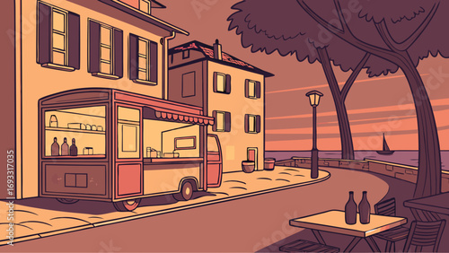 Sunset cityscape with food cart and seaside cafe illustration.