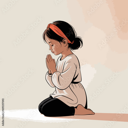 A contemplative scene showing a child kneeling in prayer, embodying tranquility and connection, bathed in gentle light highlighting the moment's significance.