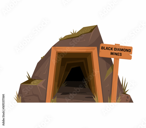 Illustration of the Black Diamond Mines cave entrance, featuring wooden sign and rocky surroundings, symbolizing opportunities for discovery and adventure.