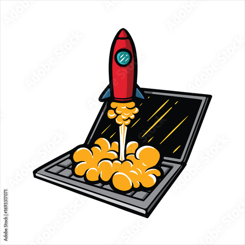 Small rocket launching from laptop cartoon vector illustration
