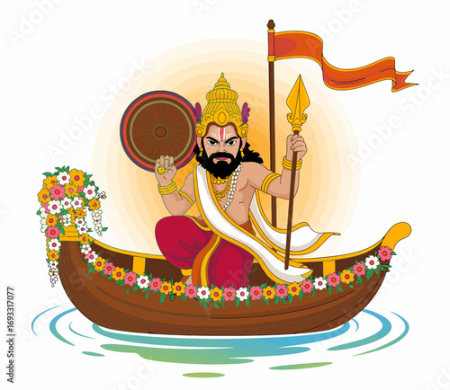 This captivating image depicts a powerful deity adorned in colorful attire, sailing on a richly decorated boat, representing divine authority and mythical strength.