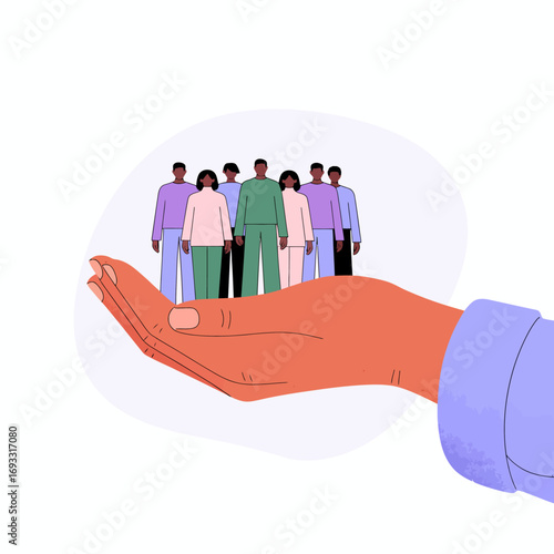 An engaging illustration showing a hand cradling a diverse group of individuals, capturing themes of support, community, growth, and the essence of human connection.