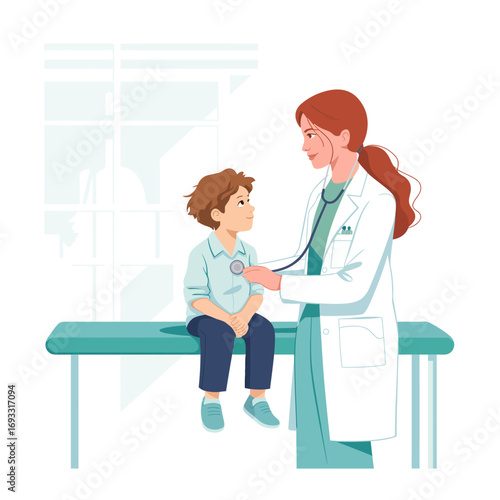 A compassionate pediatrician listens to a young boy's heartbeat with a stethoscope in a welcoming clinic setting, emphasizing the caring nature of pediatric healthcare.