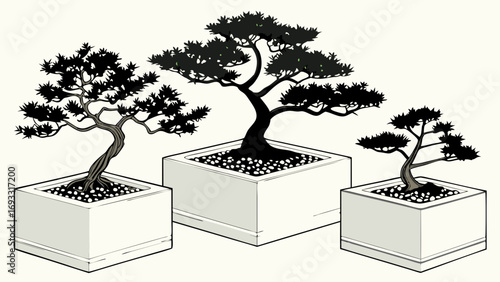 Three Bonsai Trees in Square Pots Black and White Illustration Minimalist Design.