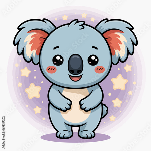 The upbeat koala character surrounded by sparkling stars captures a sense of joy and whimsy, representing happiness and playfulness in a colorful cartoon illustration for all ages.
