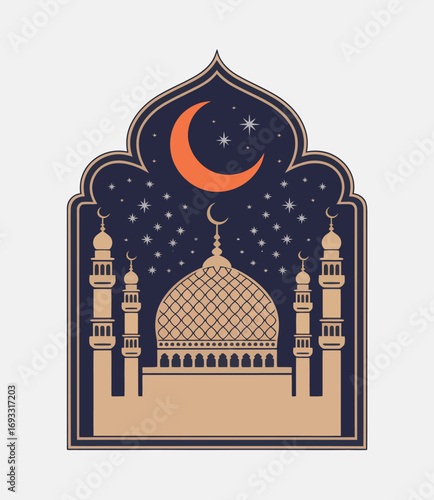 An elegant depiction of an ornate mosque with a crescent moon and intricate details against a deep night sky, representing beauty, faith, and cultural richness effectively.