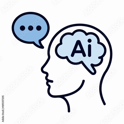 An illustration depicting a human head with a cloud representing AI in the brain, symbolizing communication and thoughts related to artificial intelligence.