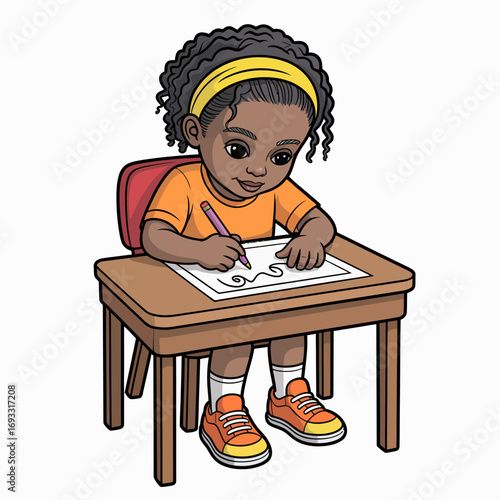 A young girl drawing with curiosity at her desk, illustrating the beauty of childhood learning and the nurturing environment of creative exploration in early education.