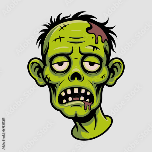 A striking depiction of a zombie head, showcasing graphic details and a unique artistic style that combines horror elements with vibrant coloring for visual impact.