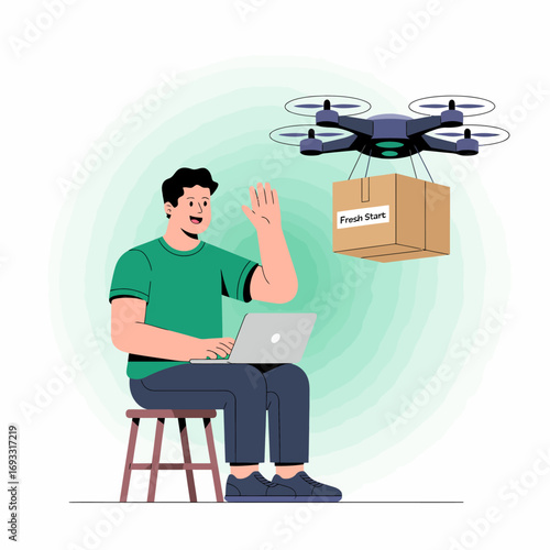 In this image, a joyful man greets a drone delivering a package while using his laptop, representing the synergy between technology and everyday convenience in modern life.