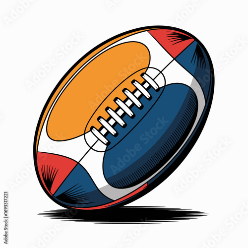 A stylish rugby ball graphic showcases an exciting design with a blend of vibrant colors, capturing the spirit of sports and competitive play in modern athletics.