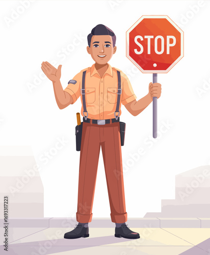 A friendly traffic guide character holds a stop sign, promoting road safety for pedestrians and vehicles, emphasizing caution while navigating urban environments.