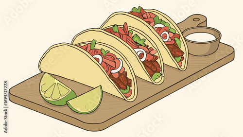 Three delicious tacos on a wooden board with lime and sauce.