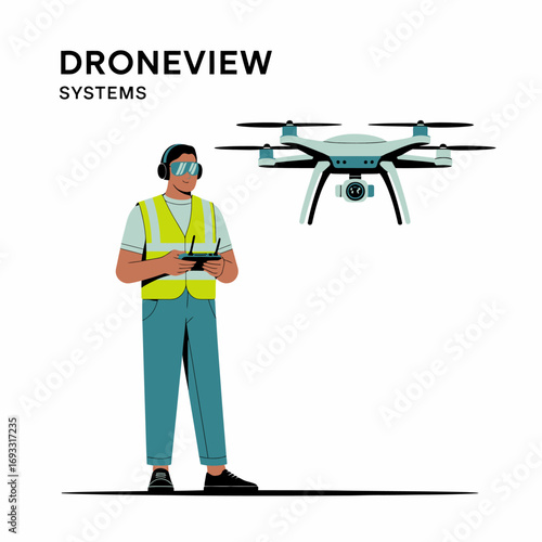 A drone pilot wearing headphones and a reflective safety vest commands a drone, illustrating the integration of technology and safety in aerial operations for industry professionals.
