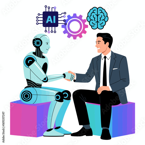 An engaging illustration showing a human shaking hands with a robot, representing collaboration between technology and humanity in an optimistic forward-looking vision.