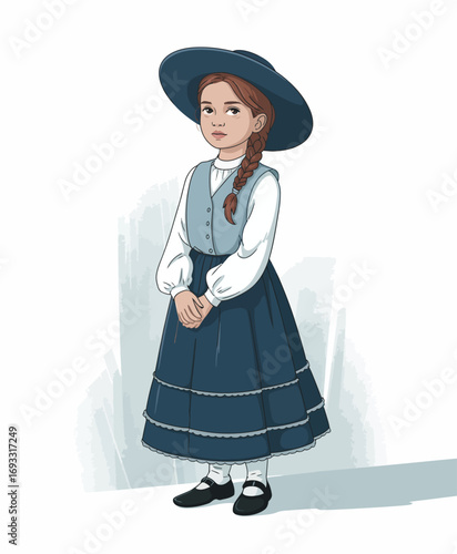 A young girl wearing a classic hat and dress, reflecting cultural heritage and playful innocence, beautifully styled in soft light against a minimal background.
