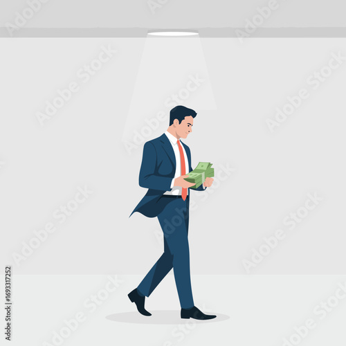 A businessman confidently walks in a spotlight holding cash, symbolizing success, clarity in financial objectives, and the vibrant pursuit of growth within the business sector.