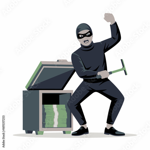 An angry thief, dressed in black, stands before an open safe filled with cash, brandishing a crowbar, capturing a moment of anticipation and intensity in a cartoonish style.