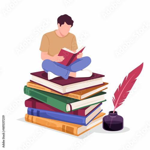 An individual sits atop a colorful arrangement of books, focused on reading a book, accompanied by a feather quill and ink, symbolizing education and creativity.