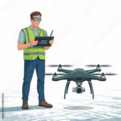 A skilled drone controller operates a drone with a tablet, surrounded by professional safety gear. This illustrates the modern approach to drone operations and aerial surveys effectively.