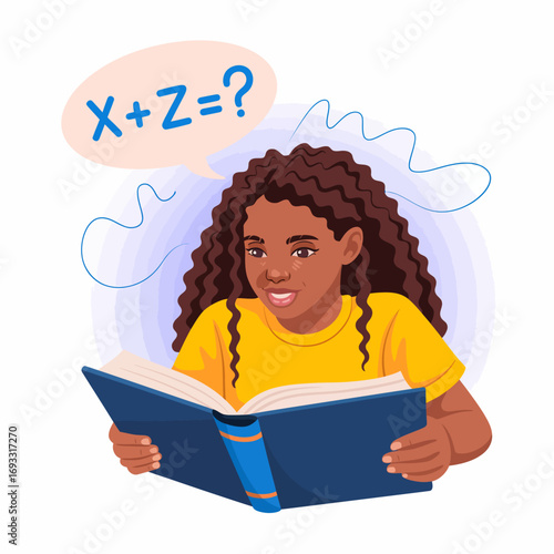 A young girl with curly hair focused on solving a math equation in a book, representing curiosity, learning, and determination in education and personal growth.