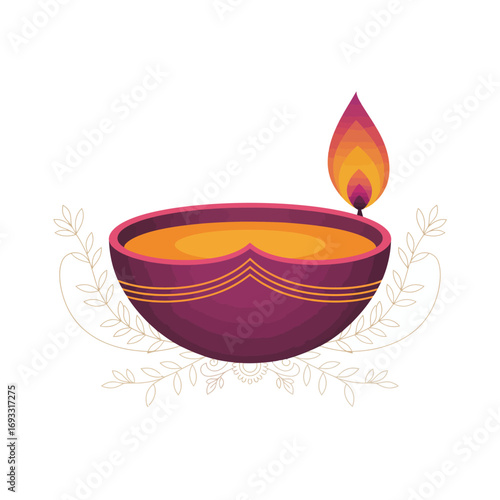 An artistic depiction of a colorful traditional lamp with a flickering flame, symbolizing light, warmth, and celebration in various cultural festivities.