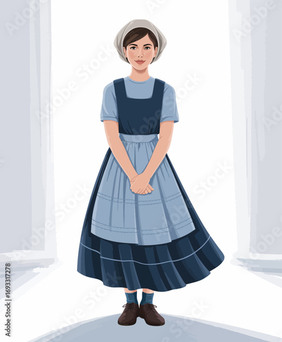 An elegant young girl in a blue vintage dress, showcasing a charming blend of innocence and tradition, captured in a classic portrait style with soft lighting.
