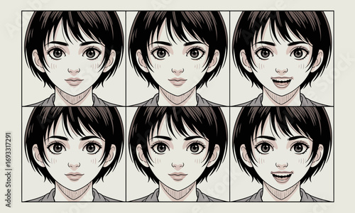 A collection of six expressive character face illustrations showing different emotions, highlighting a wide range of human expressions and feelings in a vibrant artistic style.