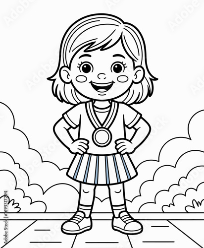 A cheerful girl stands proudly with a medal around her neck, wearing a pleated skirt and sneakers, embodying victory and joy in a playful line art illustration.