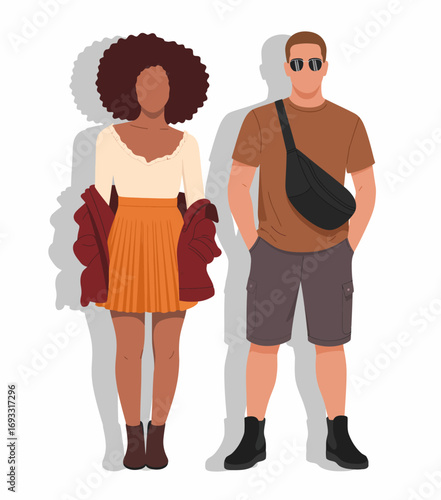 Two fashionable friends stand side by side, highlighting their trendy casual styles while exuding confidence and camaraderie in an artistic illustration.