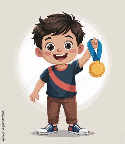 An adorable boy beams with joy as he holds up his gold medal, illustrating triumph and happiness. The colorful, cartoonish style emphasizes his cheerful personality.