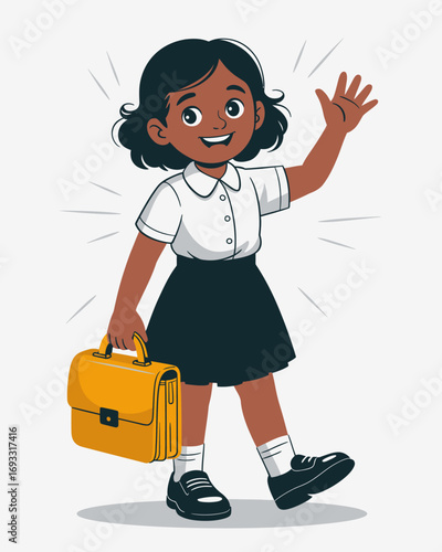 A dynamic schoolgirl waves excitedly while holding a yellow briefcase, capturing the spirit of joy and adventure in the life of a young learner in a charming illustration.