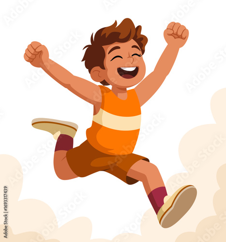 A delighted young boy leaps joyfully, expressing his enthusiasm and happiness through his actions while wearing vibrant clothing, symbolizing carefree childhood moments.