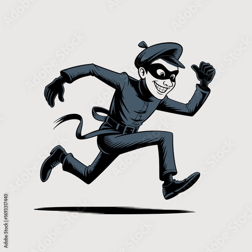 This animated thief, dressed in dark attire, gleefully sprints away, embodying humor and mischief in a lighthearted style while juxtaposing crime and cheerfulness.