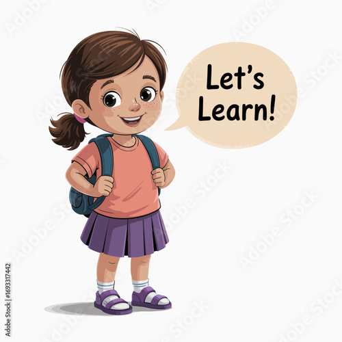A young girl with pigtails and a backpack happily proclaims 'Let's Learn!' emphasizing the joy of education and creativity in a colorful cartoon illustration.
