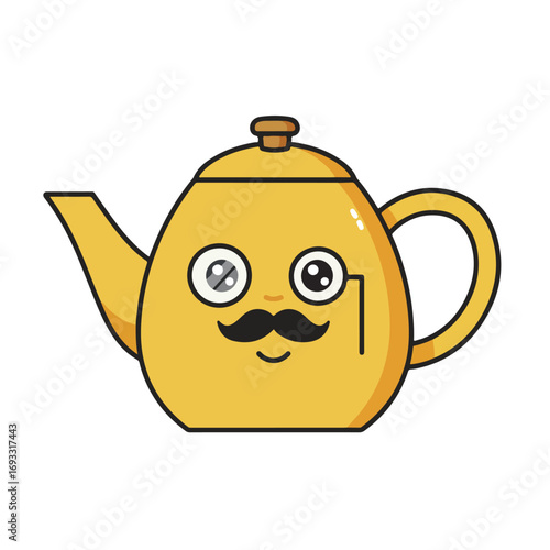 Cartoon teapot with monocle and mustache on a white background
