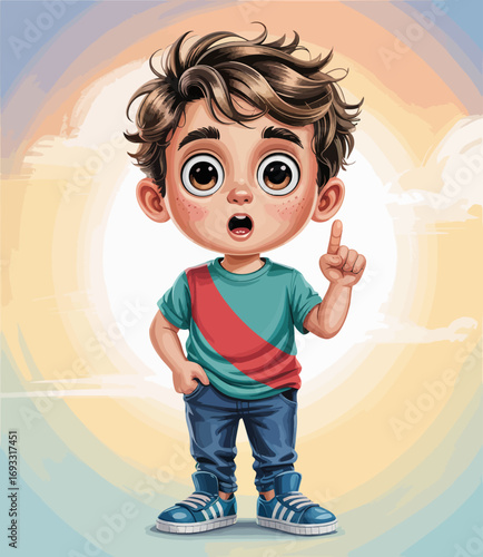 An excited boy smiles while raising his finger in a moment of inspiration, showcasing creativity and imaginative thought with a colorful and engaging background.