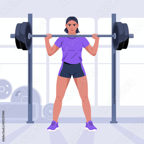 A strong woman engages in weightlifting by squatting with a barbell, embodying strength and focus in a gym setting, promoting health, resilience, and empowerment through fitness.