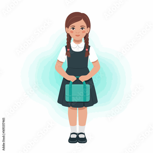 A schoolgirl stands confidently in a well-lit space, clutching a turquoise bag, embodying the spirit of learning and the bright prospects of childhood education.
