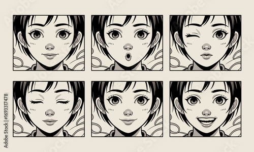 A grid display of six character illustrations, each featuring different facial expressions, effectively capturing and demonstrating a range of emotions in artistic style.